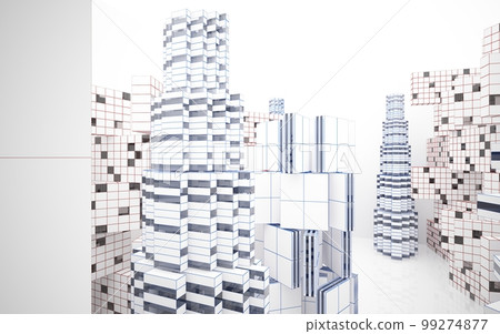 Drawing abstract architectural white interior from an array of cubes with large windows. 3D illustration and rendering. 99274877