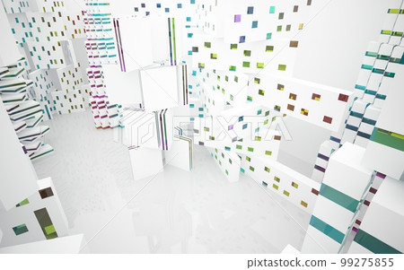 Abstract white and colored gradient glasses interior multilevel public space with window. 3D illustration and rendering. 99275855