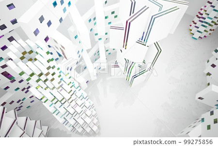 Abstract white and colored gradient glasses interior multilevel public space with window. 3D illustration and rendering. Abstract white and colored gradient glasses interior multilevel public space with window. 3D illustration and rendering. 99275856