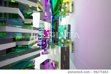 Abstract white and colored gradient glasses interior multilevel public space with window. 3D illustration and rendering. Abstract white and colored gradient glasses interior multilevel public space with window. 3D illustration and rendering. 99275883