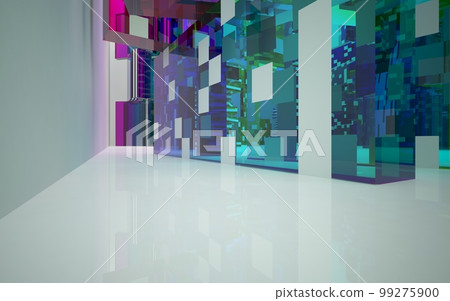 Abstract white and colored gradient glasses interior multilevel public space with window. 3D illustration and rendering. 99275900
