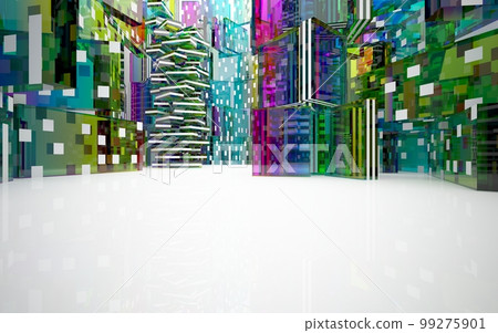 Abstract white and colored gradient glasses interior multilevel public space with window. 3D illustration and rendering. Abstract white and colored gradient glasses interior multilevel public space with window. 3D illustration and rendering. 99275901