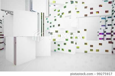 Abstract white and colored gradient glasses interior multilevel public space with window. 3D illustration and rendering. 99275917