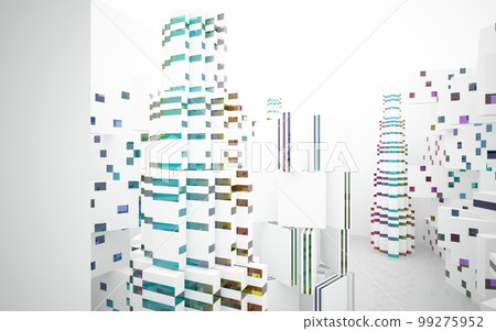 Abstract white and colored gradient glasses interior multilevel public space with window. 3D illustration and rendering. Abstract white and colored gradient glasses interior multilevel public space with window. 3D illustration and rendering. 99275952