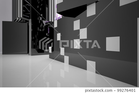 Abstract smooth architectural violet and black gloss interior of a minimalist house with large windows. 3D illustration and rendering. 99276401