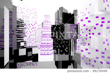 Abstract smooth architectural violet and black gloss interior of a minimalist house with large windows. 3D illustration and rendering. Abstract smooth architectural violet and black gloss interior of a minimalist house with large windows. 3D illustration and rendering. 99276440