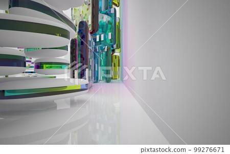 Abstract white and colored gradient glasses interior multilevel public space with window. 3D illustration and rendering. Abstract white and colored gradient glasses interior multilevel public space with window. 3D illustration and rendering. 99276671