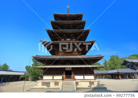 [Nara Prefecture] Five-storied pagoda at Horyu-ji Temple under a clear sky 99277756