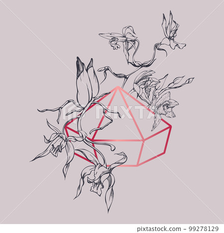 Hand drawn vector ink orchid flowers and branches, monochrome, detailed outline. Composition with crystal form. Viva magenta color. Design for wall art, wedding, print, tattoo, cover, card. 99278129