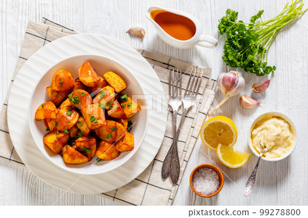 patatas bravas, deep fried potatoes with sauce patatas bravas, deep fried potatoes with sauce 99278800