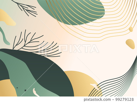 Abstract pattern vector background. Minimal nature banner design with wave lines, plant, landscape, sun. Trendy geometric illustration in golden, green colored 99279128