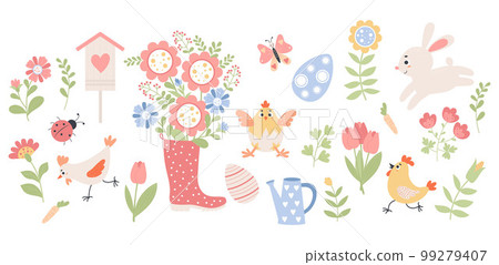 Spring time. Easter collection of paschal animal rabbit, chick and poultry, eggs, flowers, rubber boots with bouquet, watering can and ladybug. Vector illustration. Isolated elements in flat style. 99279407