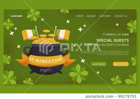 St.Patricks Day holiday Landing page template event design. Leprechaun pot ang gold coins, irish flags and ribbon. Web page with party invitation for club and pub 99279701