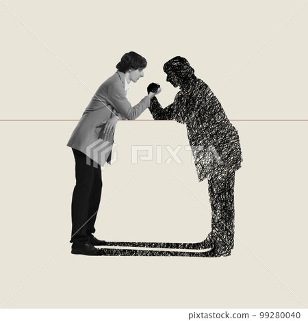 Contemporary art collage. Arguing with inner self. Young man having dispute with inner thoughts. Agreement. Right way 99280040