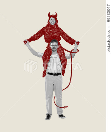 Contemporary art collage. Man holding on shoulders woman in image of devil. Hidden self. Diverse in personality. Acceptance Contemporary art collage. Man holding on shoulders woman in image of devil. Hidden self. Diverse in personality. Acceptance 99280047