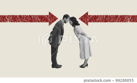 Contemporary art collage. Man and woman, young couple having confrontation. Diverse in interests. Disagreement, dispute 99280055