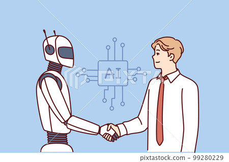 Man shakes hands with robot as sign of friendship between humans and artificial intelligence AI 99280229