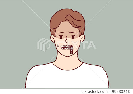 Silent man with zipper on lips is trying to hide compromising information or unpopular opinion 99280248