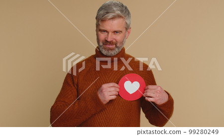 Man show hear banner inscription agrees with something, gives positive reply recommends likes good Man show hear banner inscription agrees with something, gives positive reply recommends likes good 99280249