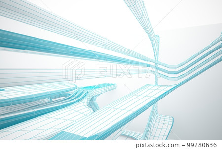 Drawing abstract architectural white interior of a minimalist house with large windows. 3D illustration and rendering. 99280636