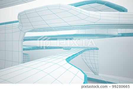 Drawing abstract architectural white interior of a minimalist house with large windows. 3D illustration and rendering. 99280665