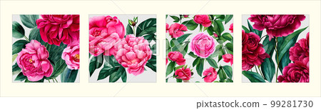 Surreal rowing landscape vector illustration. Alien planet surface environment. Enchanted forest with mushrooms and magic. Set of four square posters 99281730