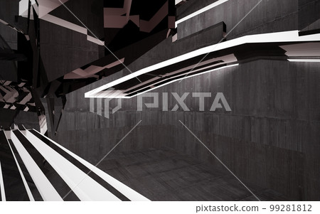 Empty dark abstract brown concrete room interior. Architectural background. Night view of the illuminated. 3D illustration and rendering 99281812