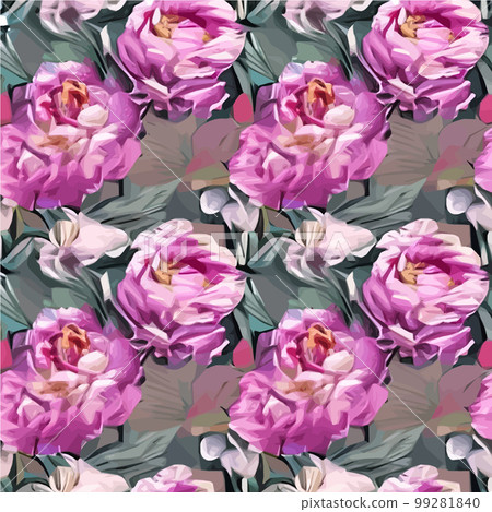 Floral seamless pattern with pink peonies flowers and green leaves on colored 99281840