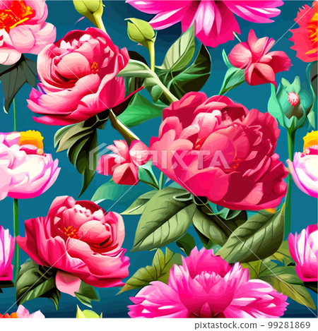 Vector seamless pattern with pink peonies and leaves on green background. 99281869