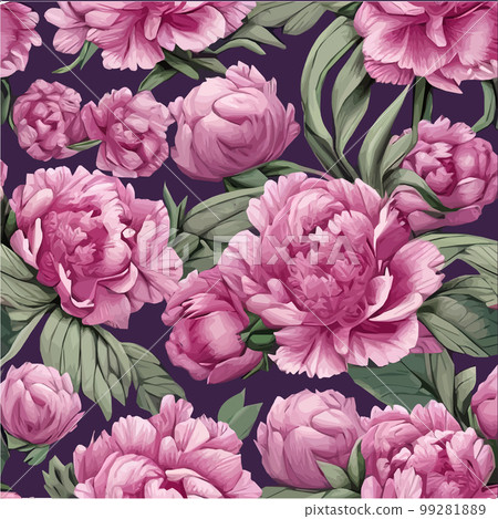 Pink peonies flowers and leaves, floral vector seamless pattern spring summer Pink peonies flowers and leaves, floral vector seamless pattern spring summer 99281889