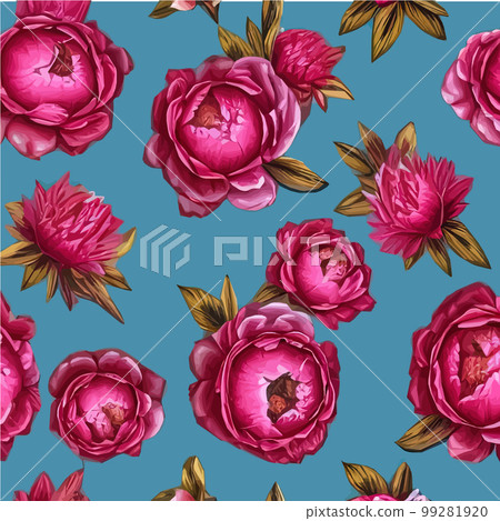 Pink peonies flowers and leaves, floral vector seamless pattern spring summer Pink peonies flowers and leaves, floral vector seamless pattern spring summer 99281920