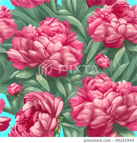 Pink peonies flowers and leaves, floral vector seamless pattern spring summer Pink peonies flowers and leaves, floral vector seamless pattern spring summer 99281949