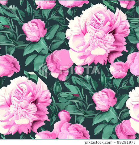 Pink peonies flowers and leaves, floral vector seamless pattern spring summer Pink peonies flowers and leaves, floral vector seamless pattern spring summer 99281975