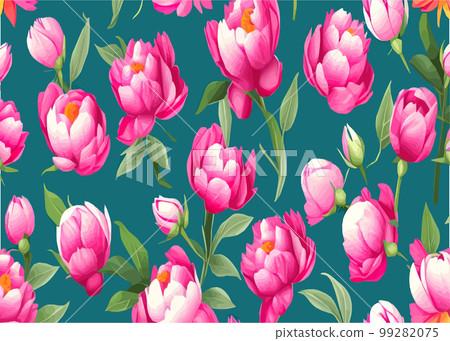 Vector seamless pattern with pink peonies and leaves on green background. 99282075