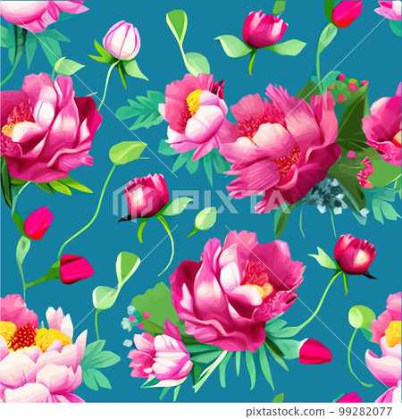 Vector seamless pattern with pink peonies and leaves on green background. 99282077