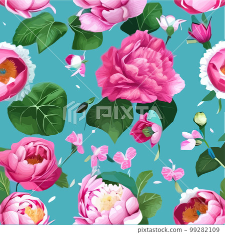 Pink peonies flowers and leaves, floral vector seamless pattern spring summer 99282109