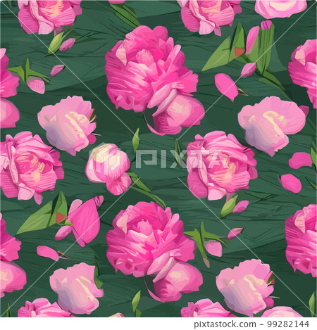 Vector seamless pattern with pink peonies and leaves on green background. Vector seamless pattern with pink peonies and leaves on green background. 99282144