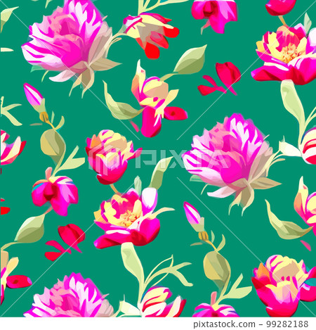 Vector seamless pattern with pink peonies and leaves on a green background. Vector seamless pattern with pink peonies and leaves on a green background. 99282188