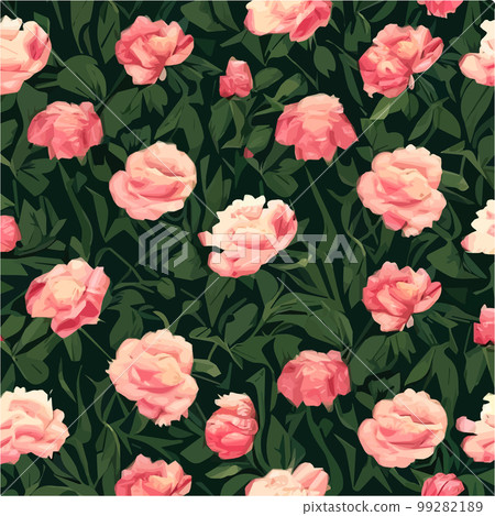 Vector seamless pattern pink peonies and leaves on green background. Romantic Vector seamless pattern pink peonies and leaves on green background. Romantic 99282189