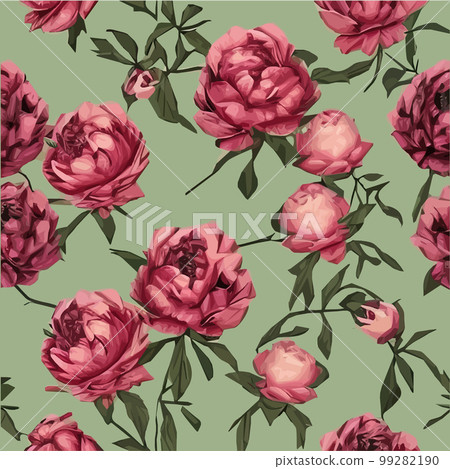 Vector seamless pattern with pink peonies and leaves on a green background. Vector seamless pattern with pink peonies and leaves on a green background. 99282190