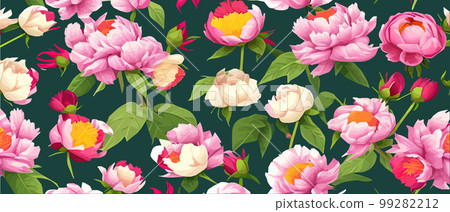 Vector seamless pattern with pink peonies and leaves on green background. Vector seamless pattern with pink peonies and leaves on green background. 99282212