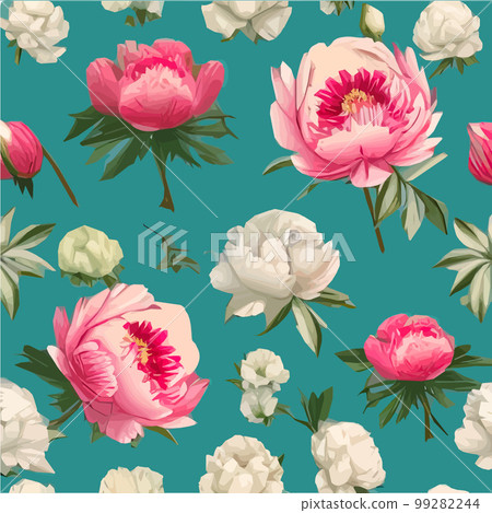 Vector seamless pattern with pink peonies and leaves on green background. Vector seamless pattern with pink peonies and leaves on green background. 99282244