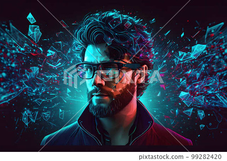 man wearing virtual reality glasses created with generative AI technology man wearing virtual reality glasses created with generative AI technology 99282420