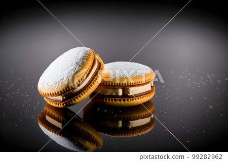 Alfajores on black background created with generative AI technology 99282962