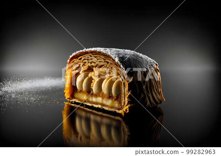 Apfelstrudel on black background created with generative AI technology 99282963