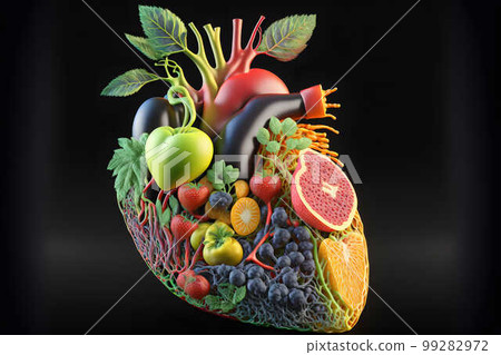Human Heart Made of Fruits and Vegetables on black background created with generative AI technology Human Heart Made of Fruits and Vegetables on black background created with generative AI technology 99282972