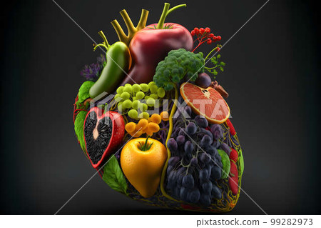 Human Heart Made of Fruits and Vegetables on black background created with generative AI technology Human Heart Made of Fruits and Vegetables on black background created with generative AI technology 99282973