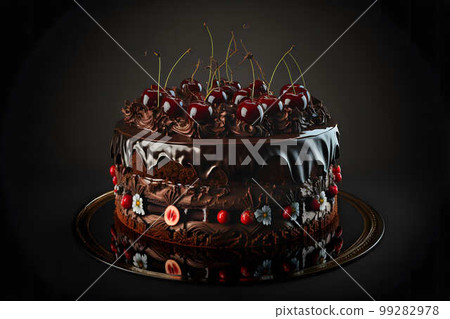 Black Forest Cake on black background created with generative AI technology Black Forest Cake on black background created with generative AI technology 99282978