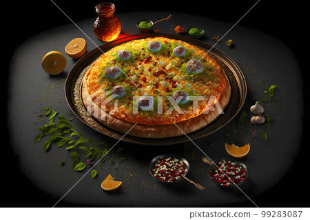Knafeh on black background created with generative AI technology Knafeh on black background created with generative AI technology 99283087