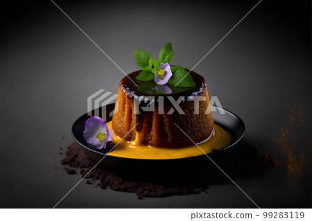 MALVA PUDDING on black background created with generative AI technology 99283119